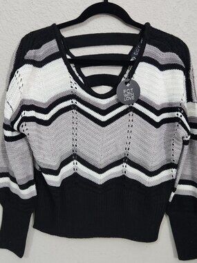 FCT With Love Womens Chevron Knit Striped Sweater Black Gray White Size Large